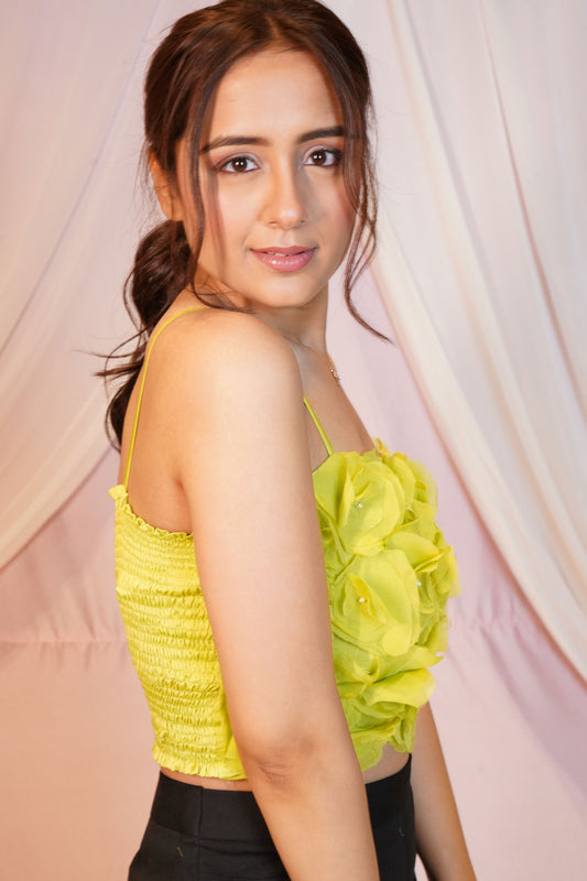 Flower Embellished Top With Front Slit Bell Bottom Pants