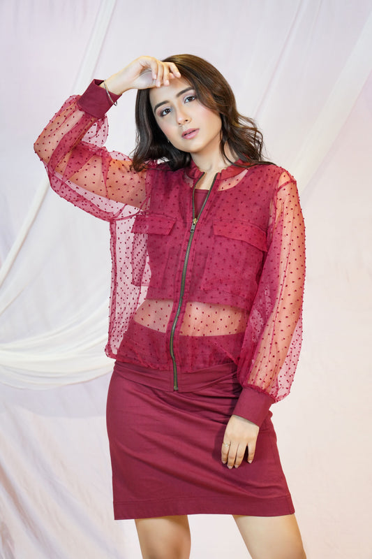 Organza Bomber Jacket With Crop Top And Skirt