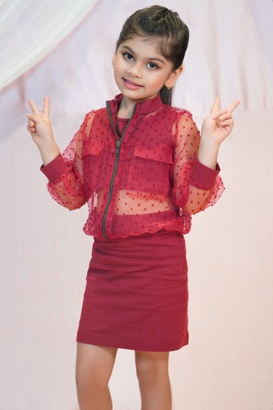 Organza Bomber Jacket With Crop Top And Skirt For Kids