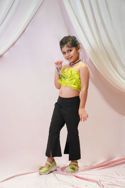 Flower Embellished Top With Front Slit Bell Bottom Pants For Kids