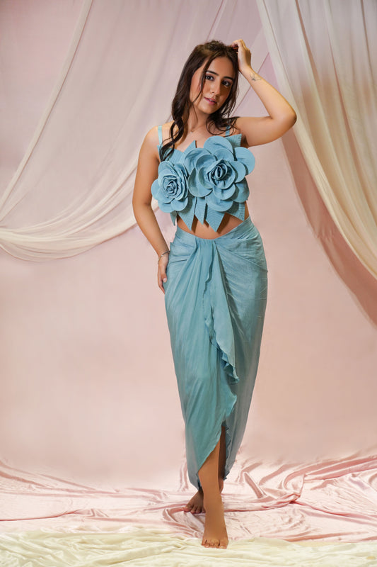 Beautiful drape skirt with flower embellished crop Top