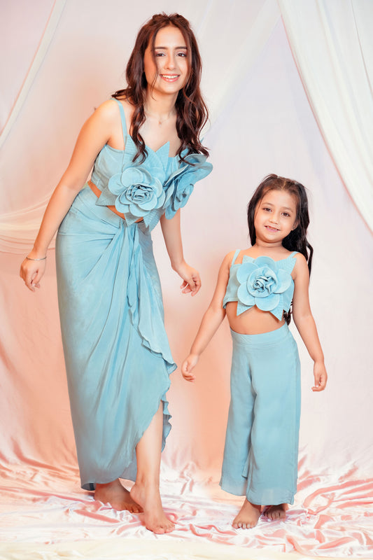Beautiful Drape Skirt With Flower Embellished Crop Top For Kids