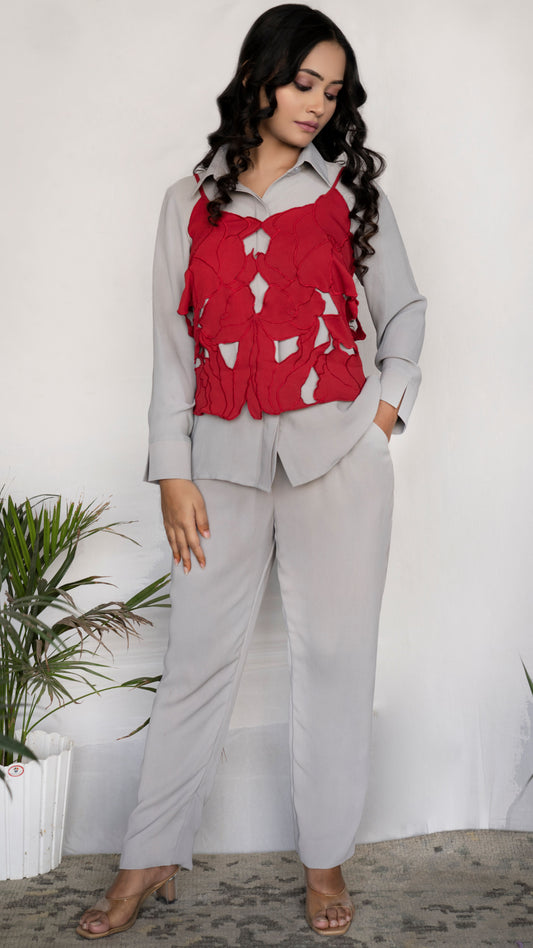 Grey shirt and pants with red cutwork