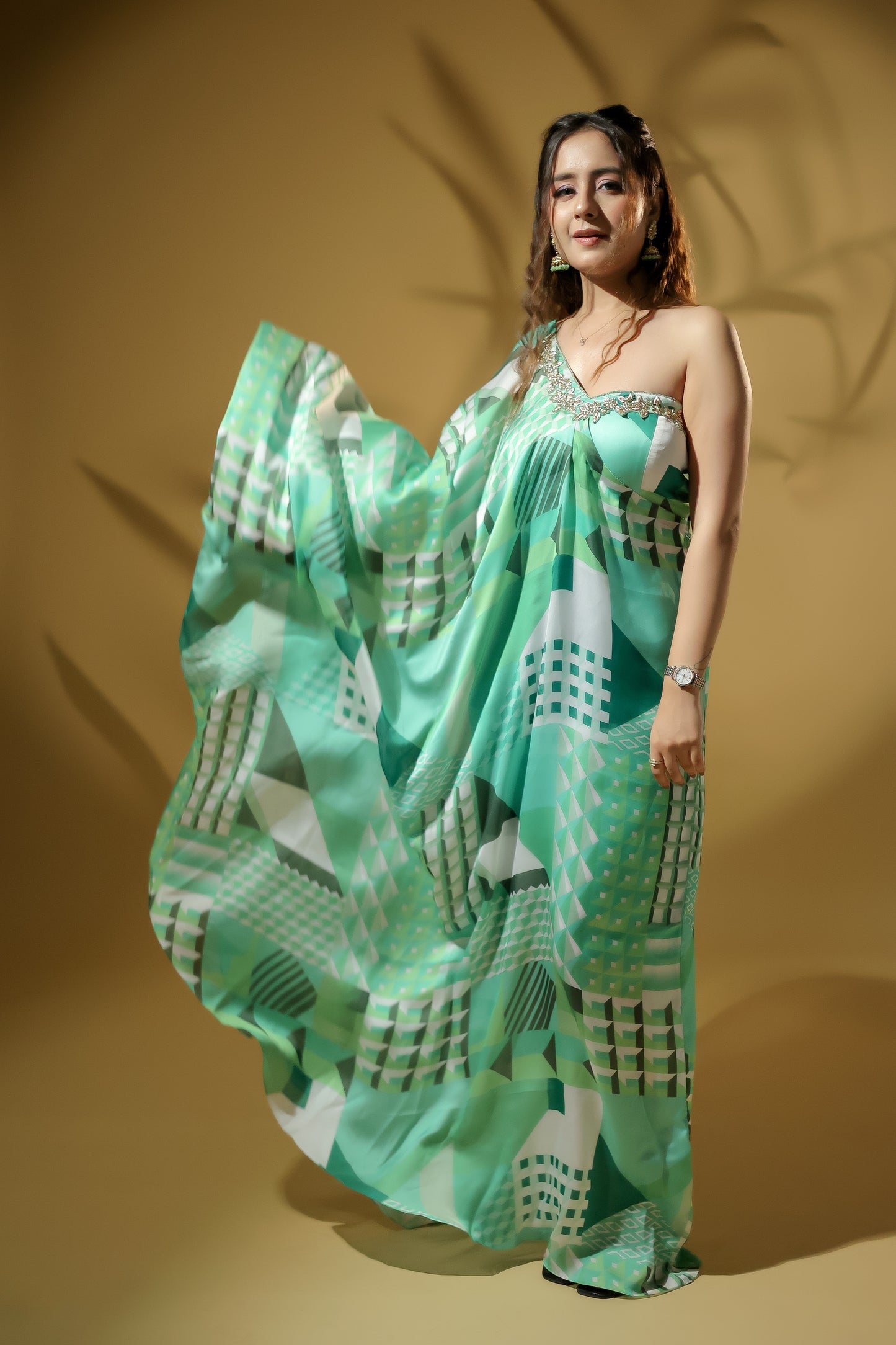 Exquisite Embroidered Neckline Off-Shoulder Printed Dress.