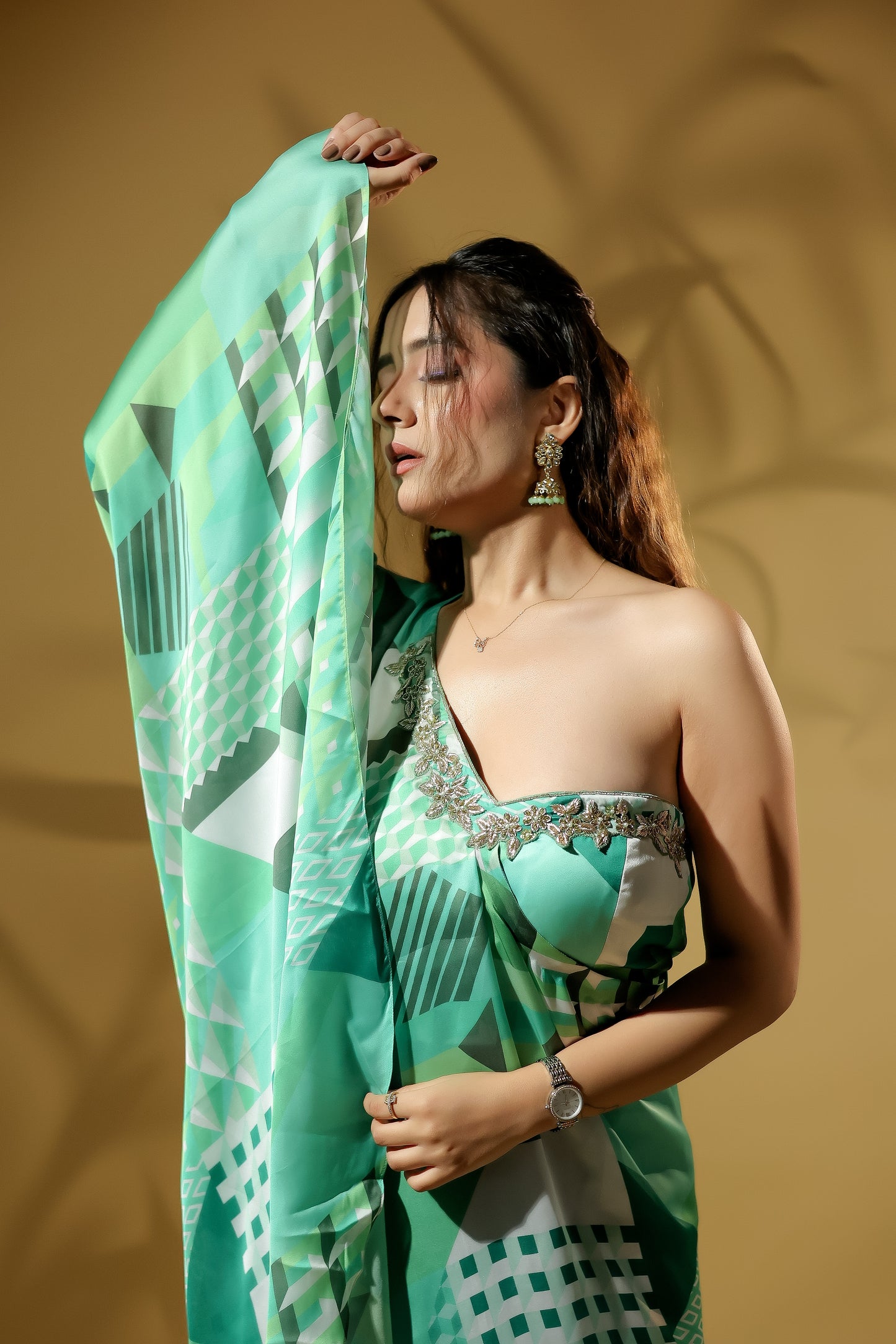 Exquisite Embroidered Neckline Off-Shoulder Printed Dress.