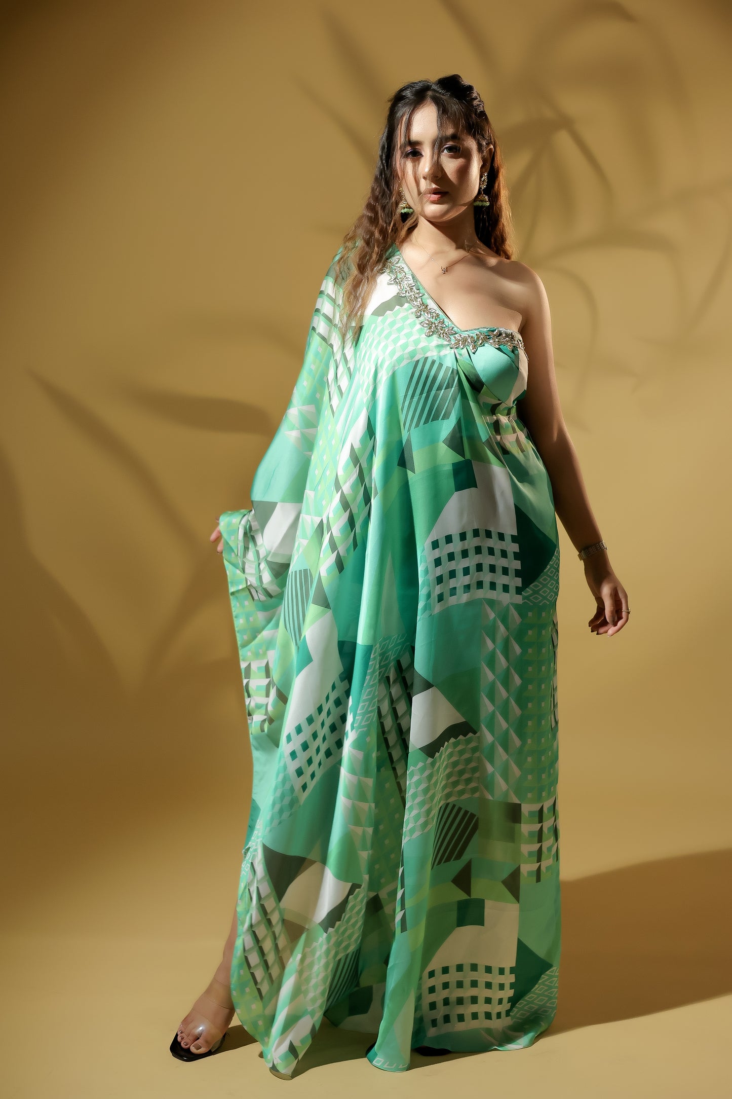 Exquisite Embroidered Neckline Off-Shoulder Printed Dress.