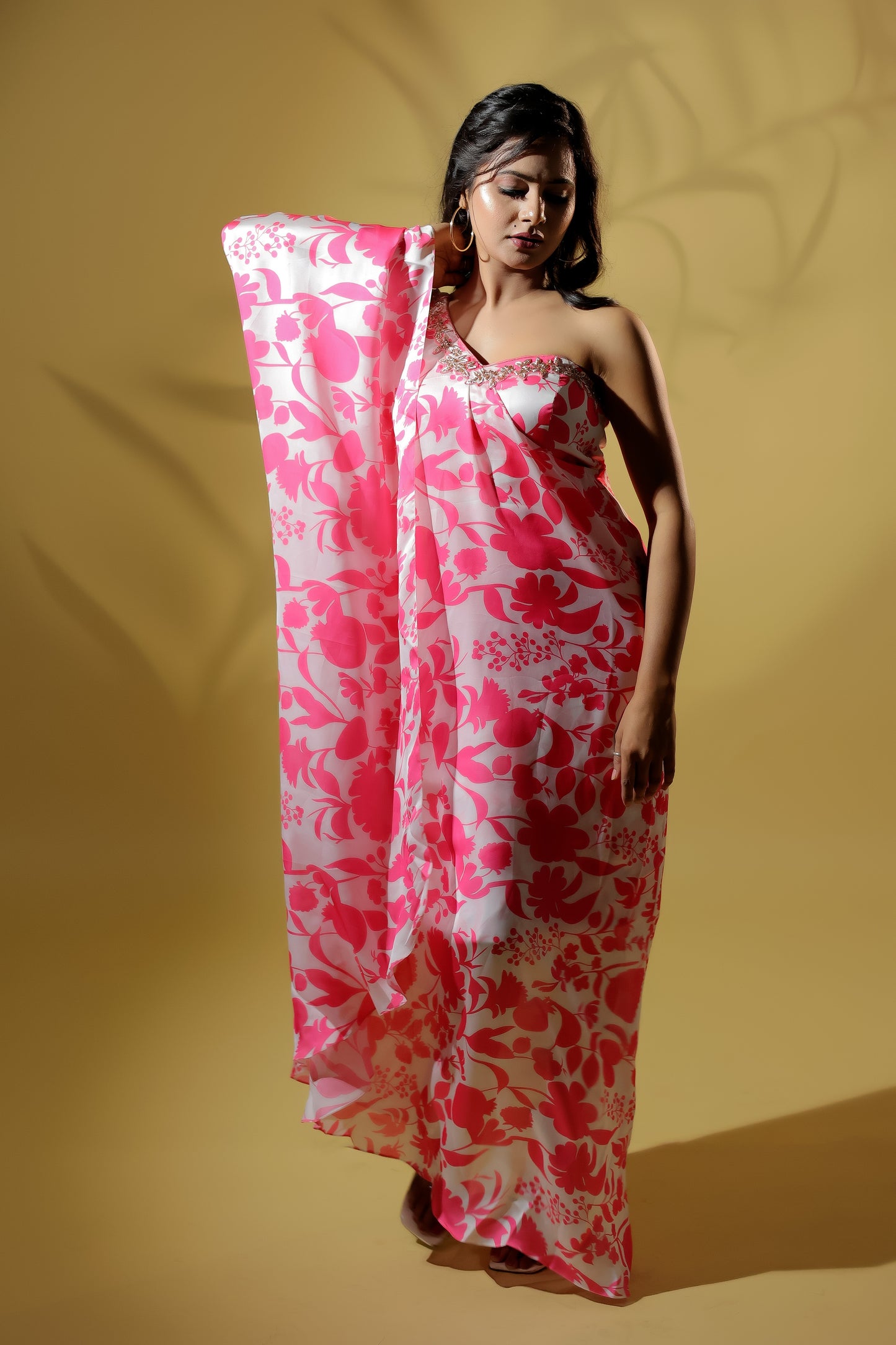 Exquisite Embroidered Neckline Off-Shoulder Printed Dress.
