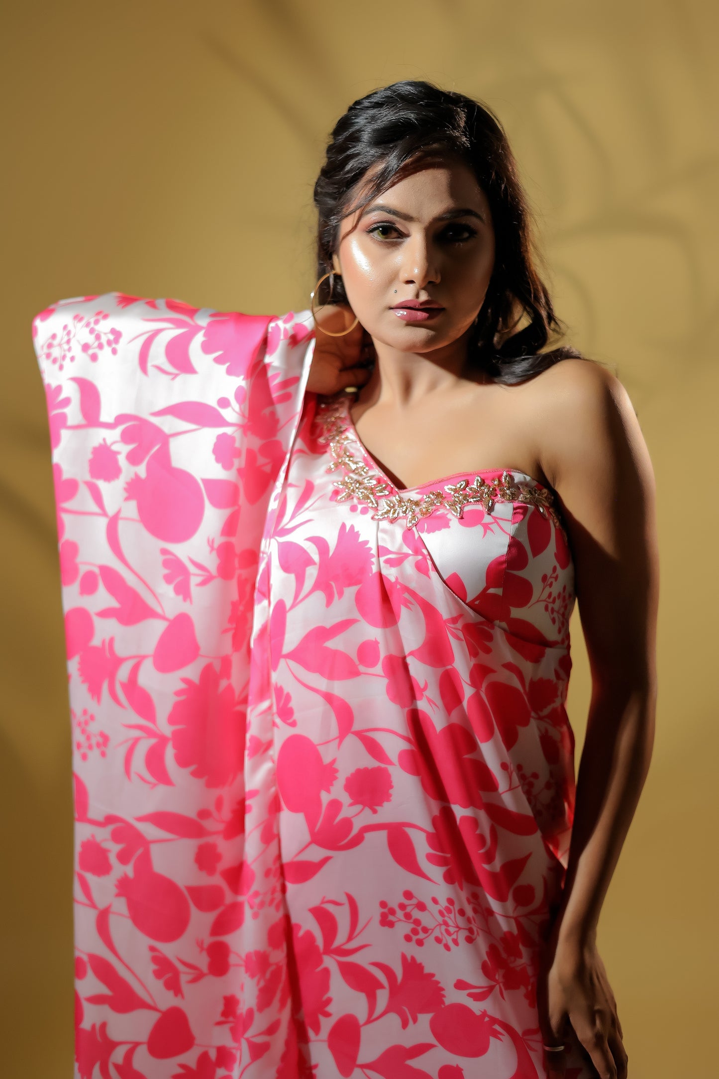 Exquisite Embroidered Neckline Off-Shoulder Printed Dress.