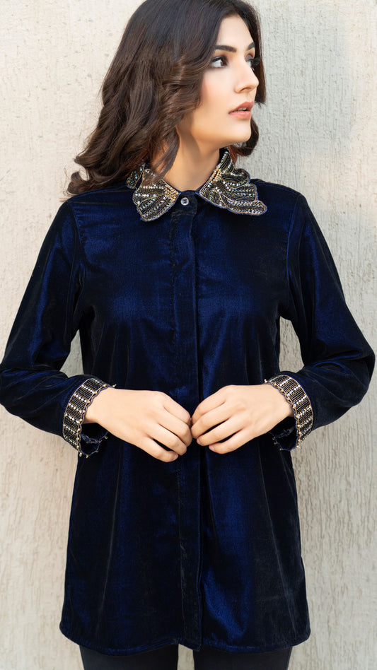 Embellished Collar And Cuff Velvet Shirt