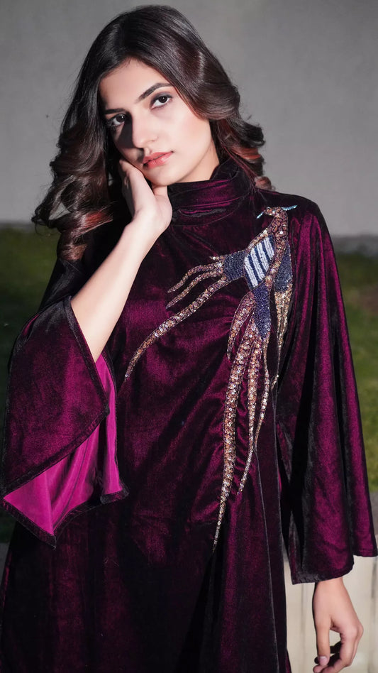 Hand Embellished Flared Sleeve Velvet Shirt