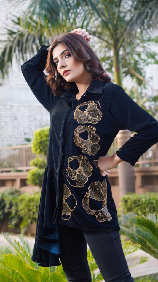 One Side Flare And Hand Embroidered Shirt