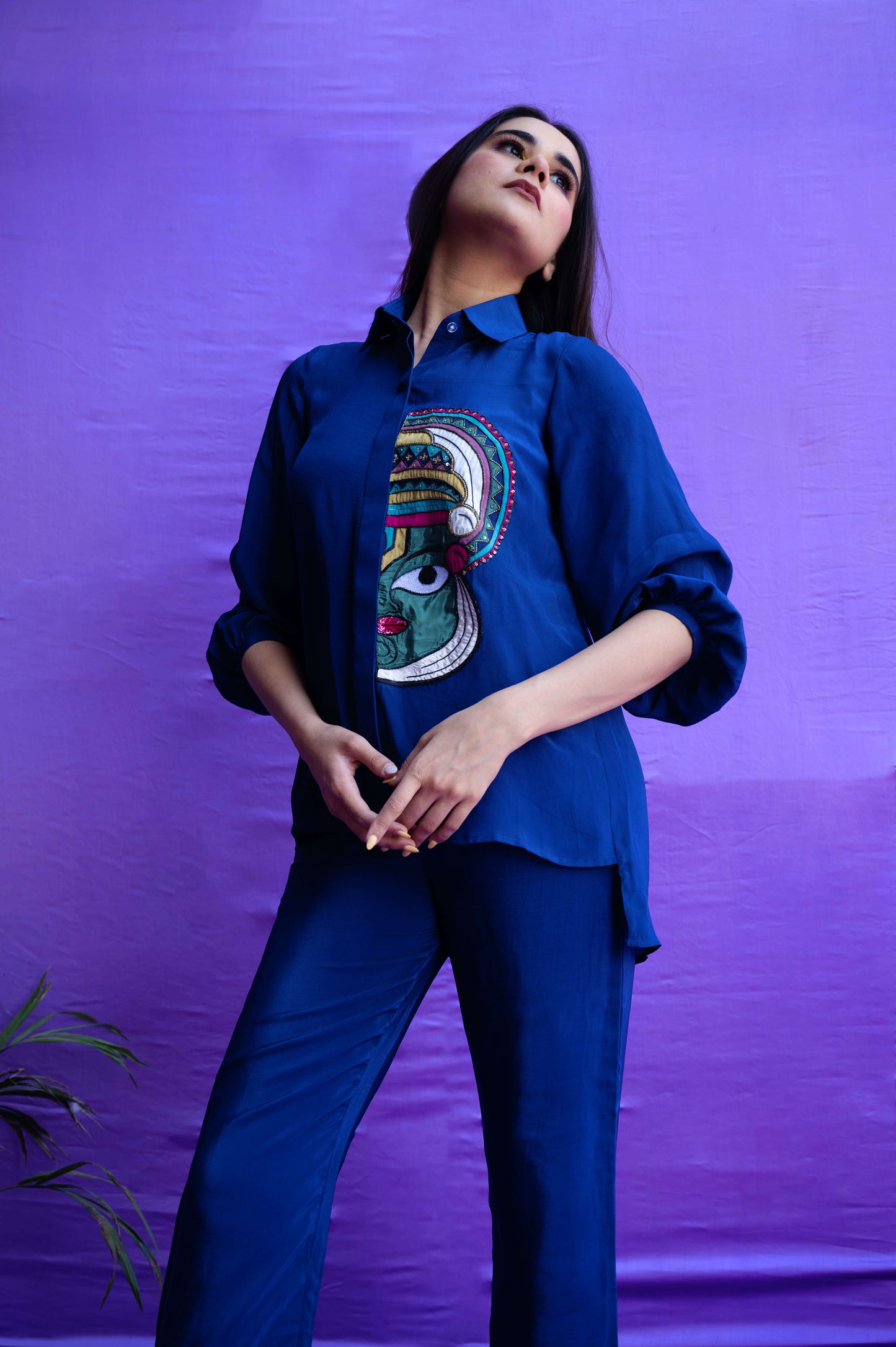 Embroidered Kathakali Face Solid Blue Co ord Set
