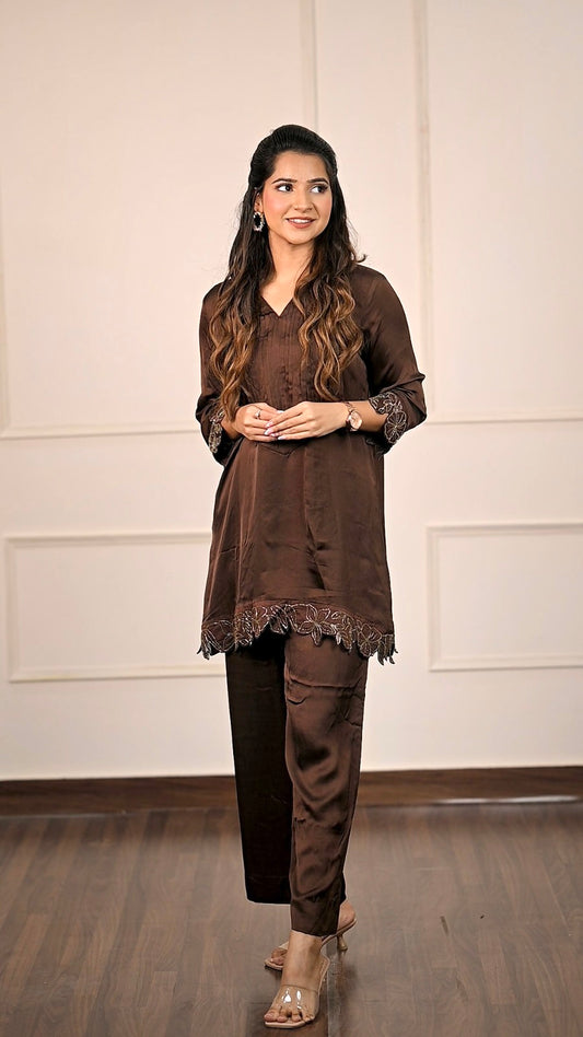 Hand Embellished brown cord set