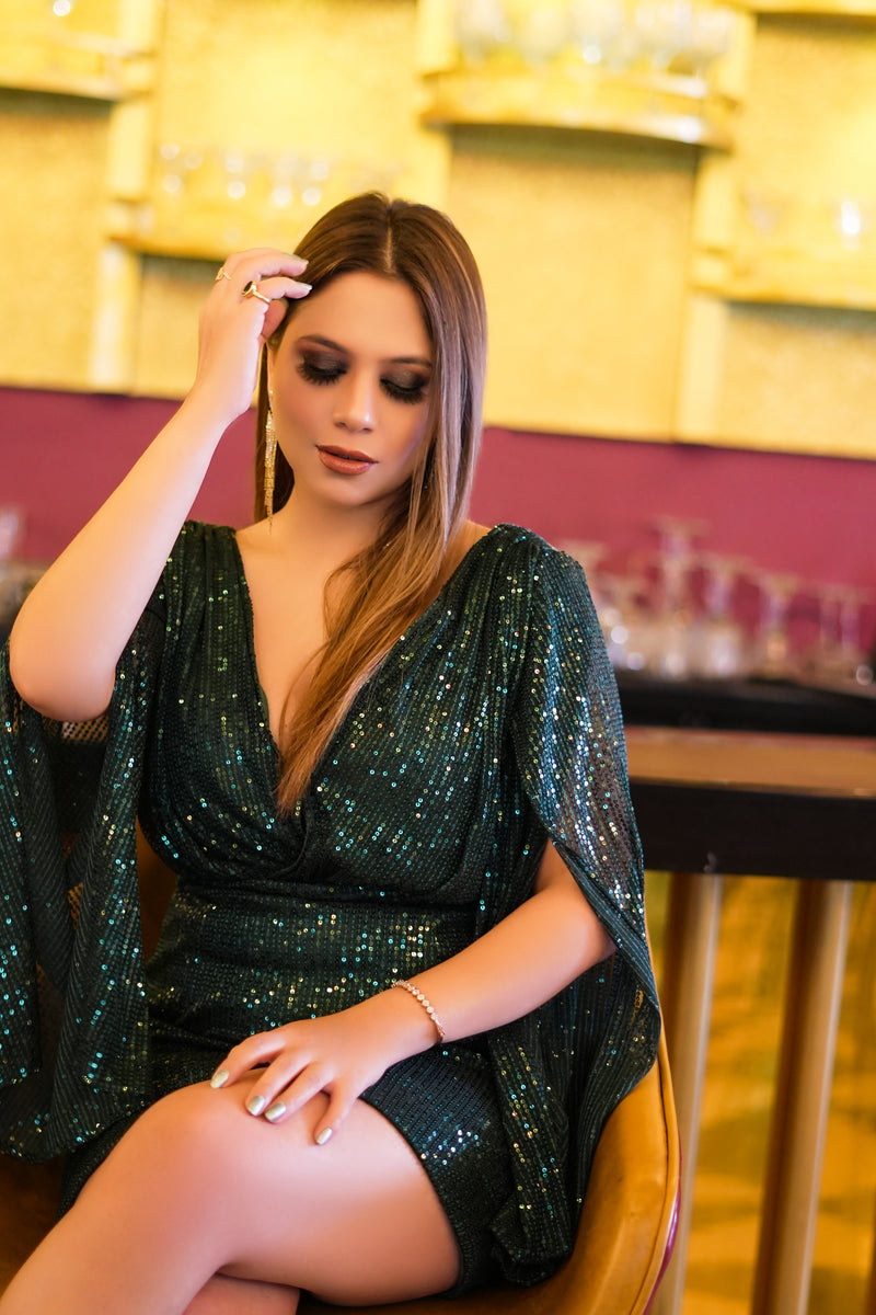 Flared Sleeve And V Neck Sequin Short Dress