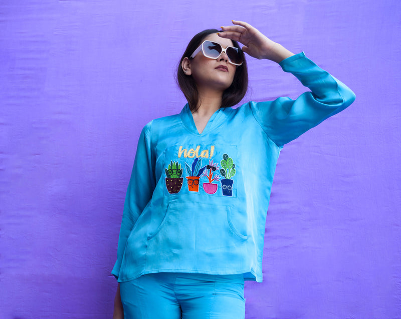 Solid Blue Embroidered Co ord Set