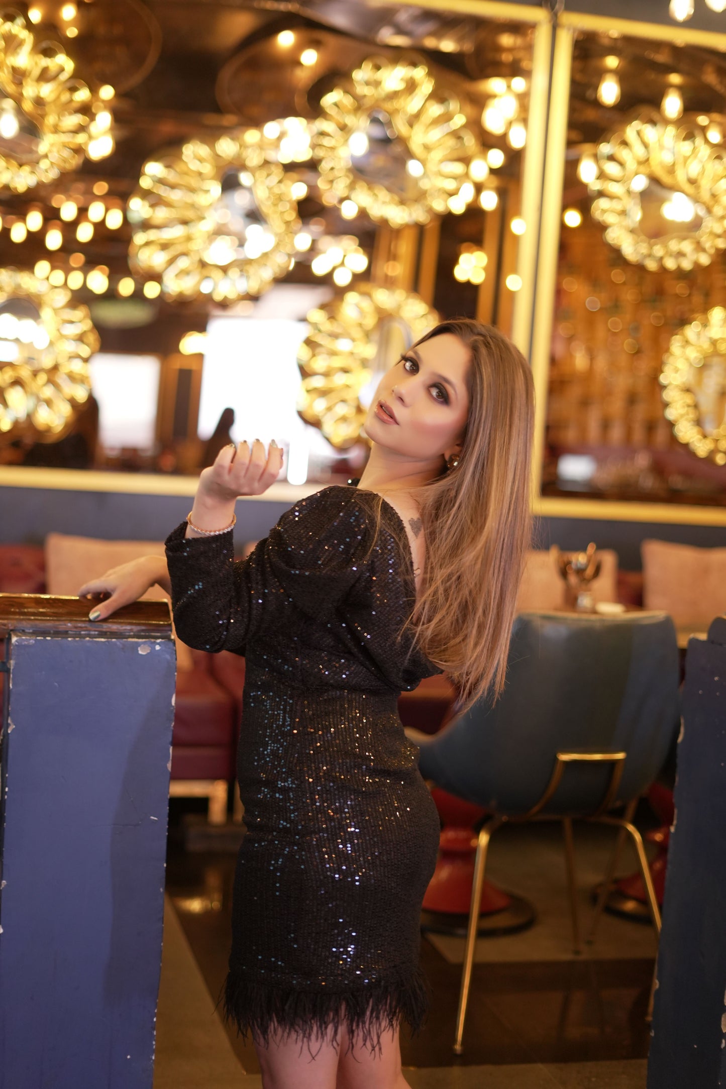 Classy Black Sequin Short Dress with Back Cowl Neck