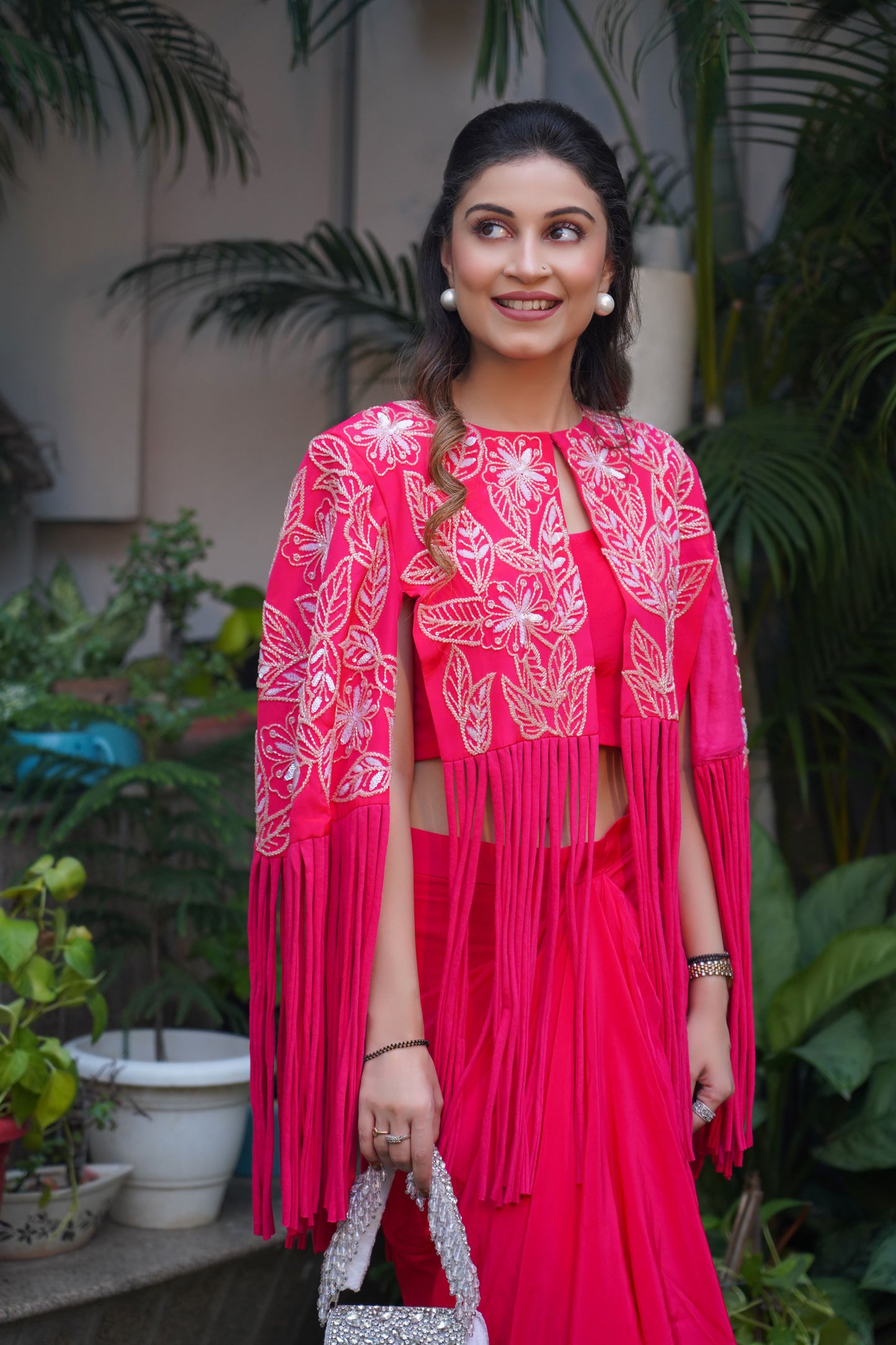 Hand Embellished Pink Color Cape Style Coat