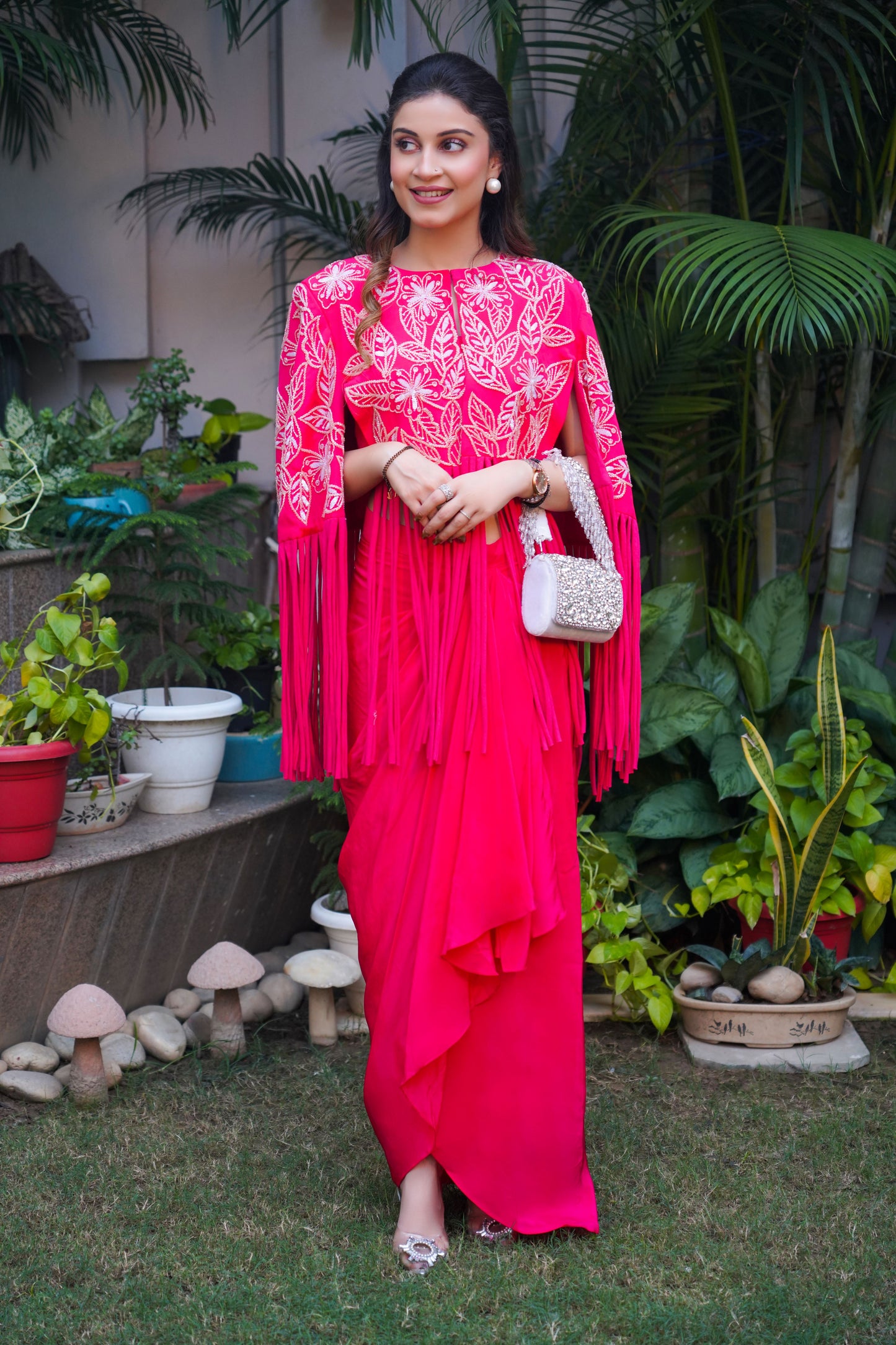 Hand Embellished Pink Color Cape Style Coat