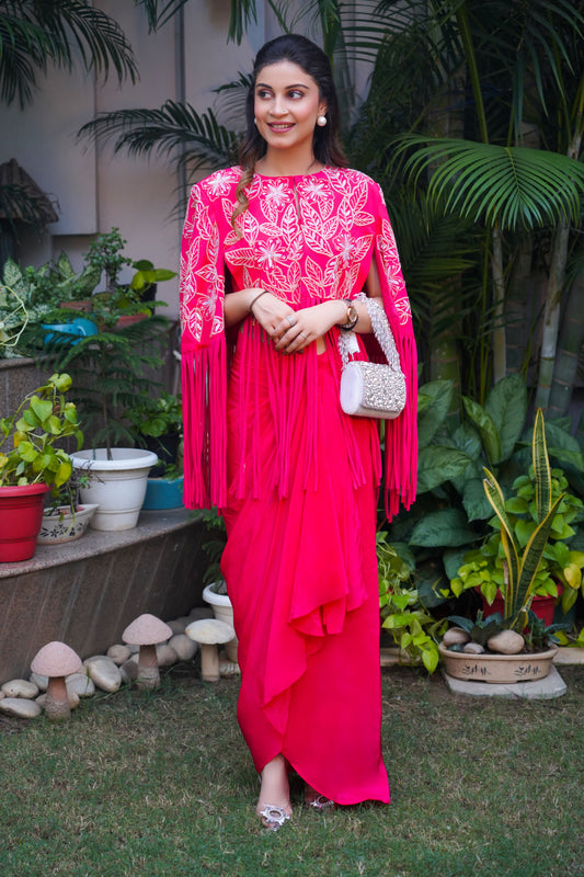 Hand Embellished Pink Color Cape Style Coat