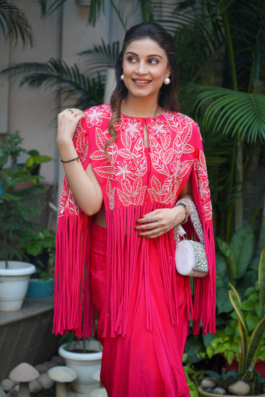 Hand Embellished Pink Color Cape Style Coat
