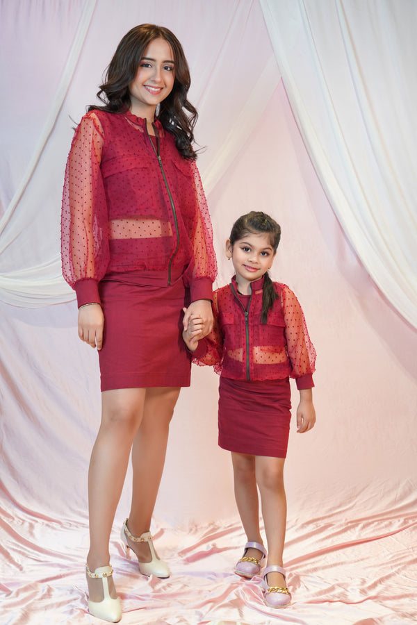 Organza Bomber Jacket With Crop Top And Skirt For Kids