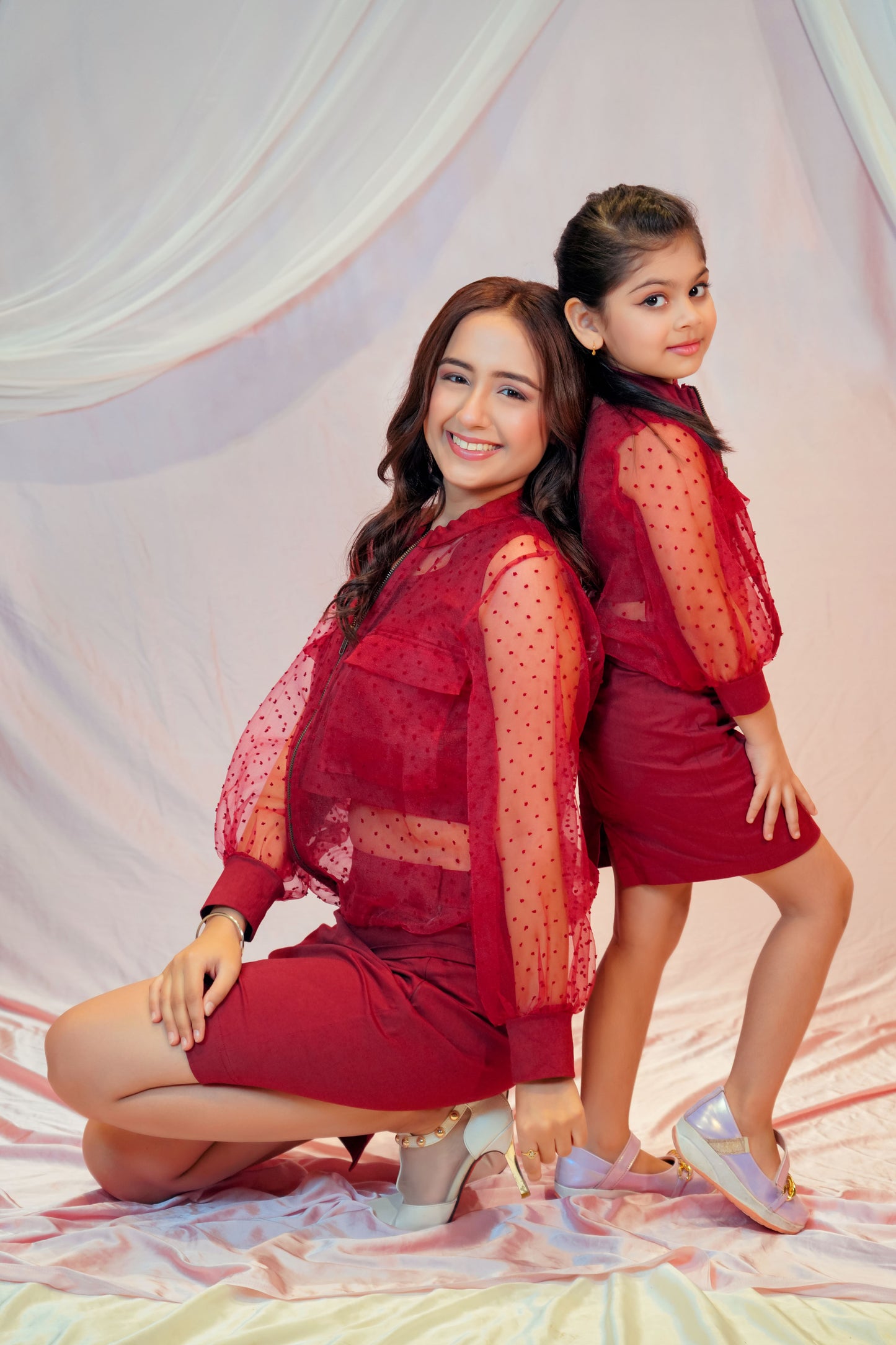 Organza Bomber Jacket With Crop Top And Skirt For Kids