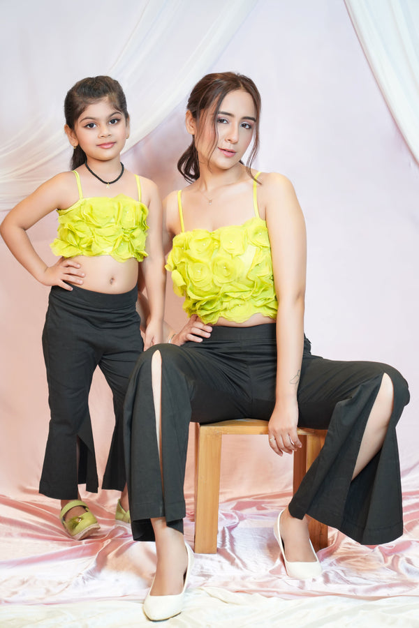 Flower Embellished Top With Front Slit Bell Bottom Pants For Kids