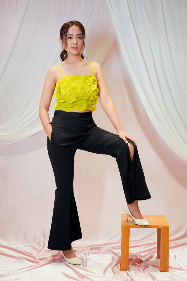 Flower Embellished Top With Front Slit Bell Bottom Pants