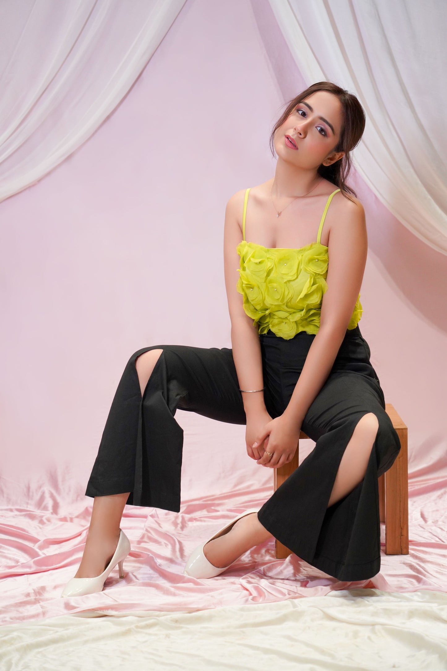 Flower Embellished Top With Front Slit Bell Bottom Pants