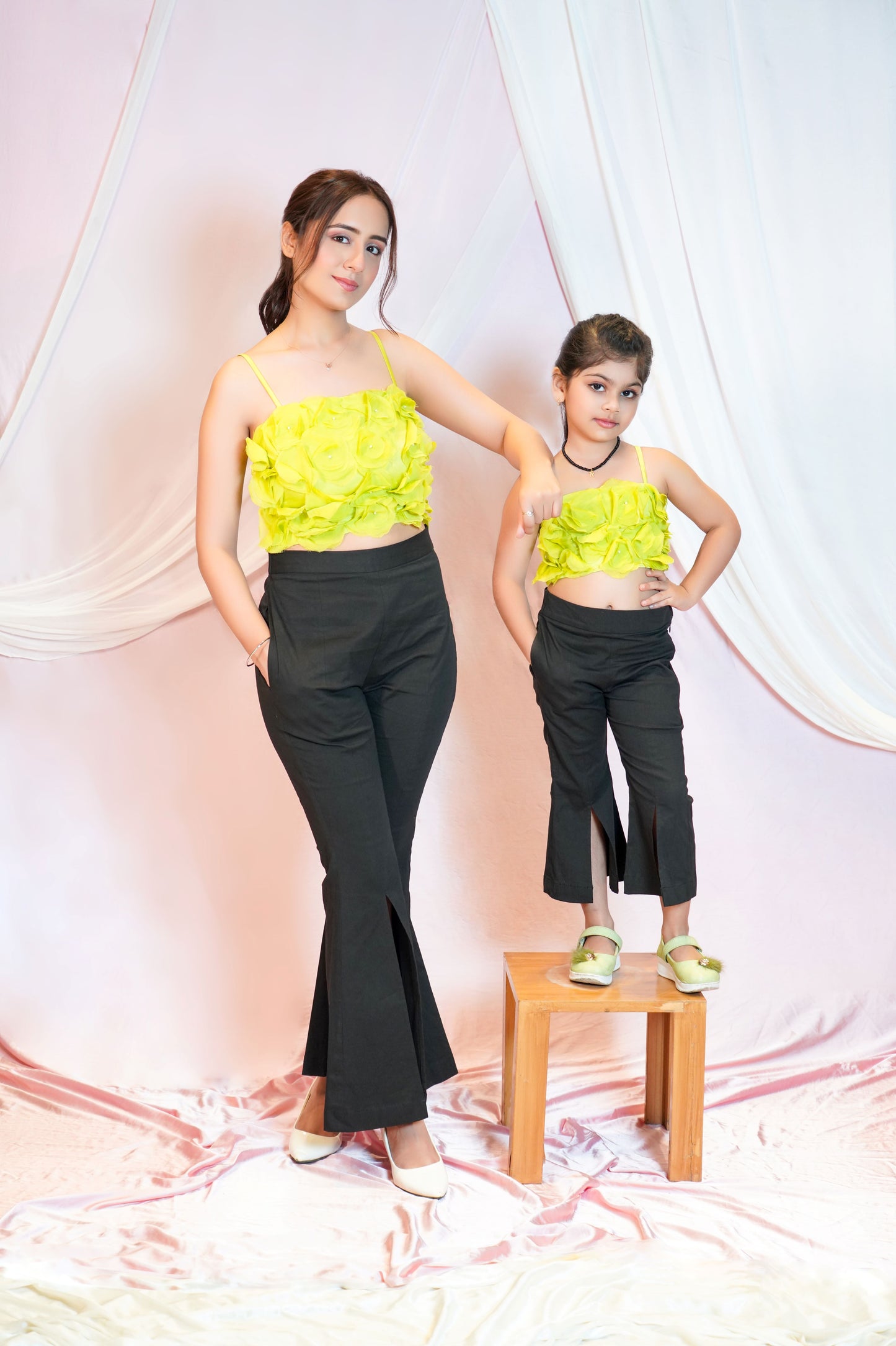 Flower Embellished Top With Front Slit Bell Bottom Pants For Kids