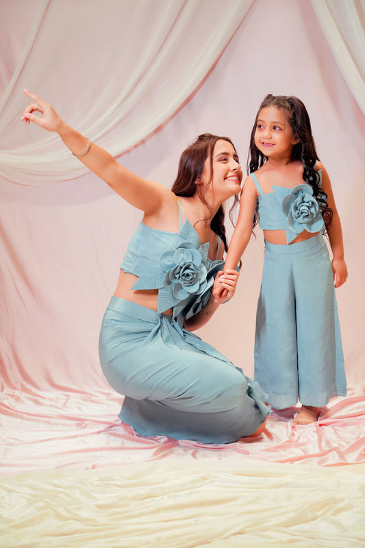Beautiful Drape Skirt With Flower Embellished Crop Top For Kids