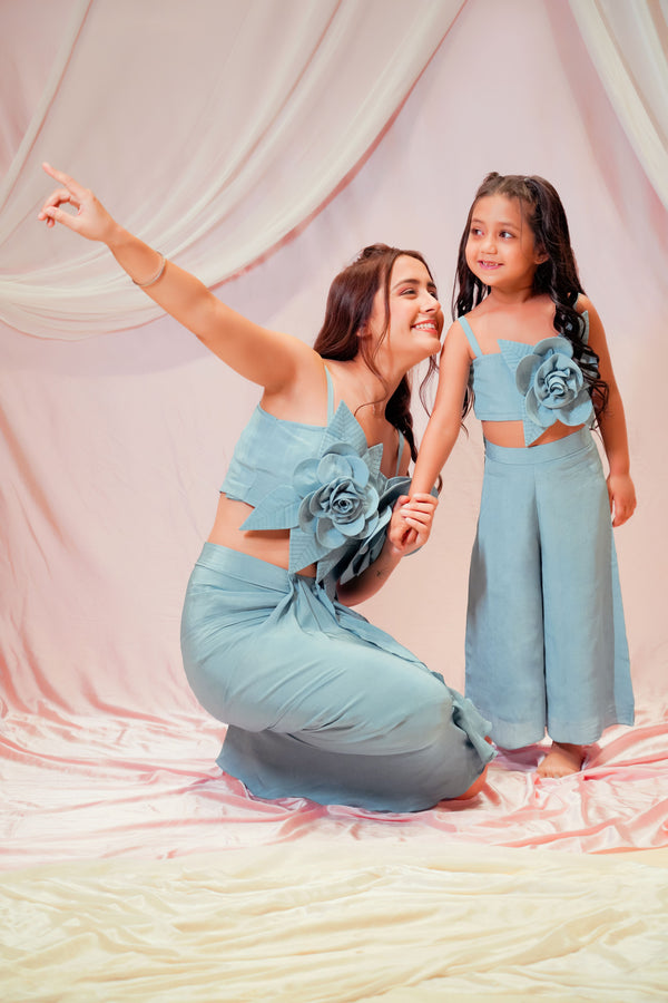 Beautiful Drape Skirt With Flower Embellished Crop Top For Kids