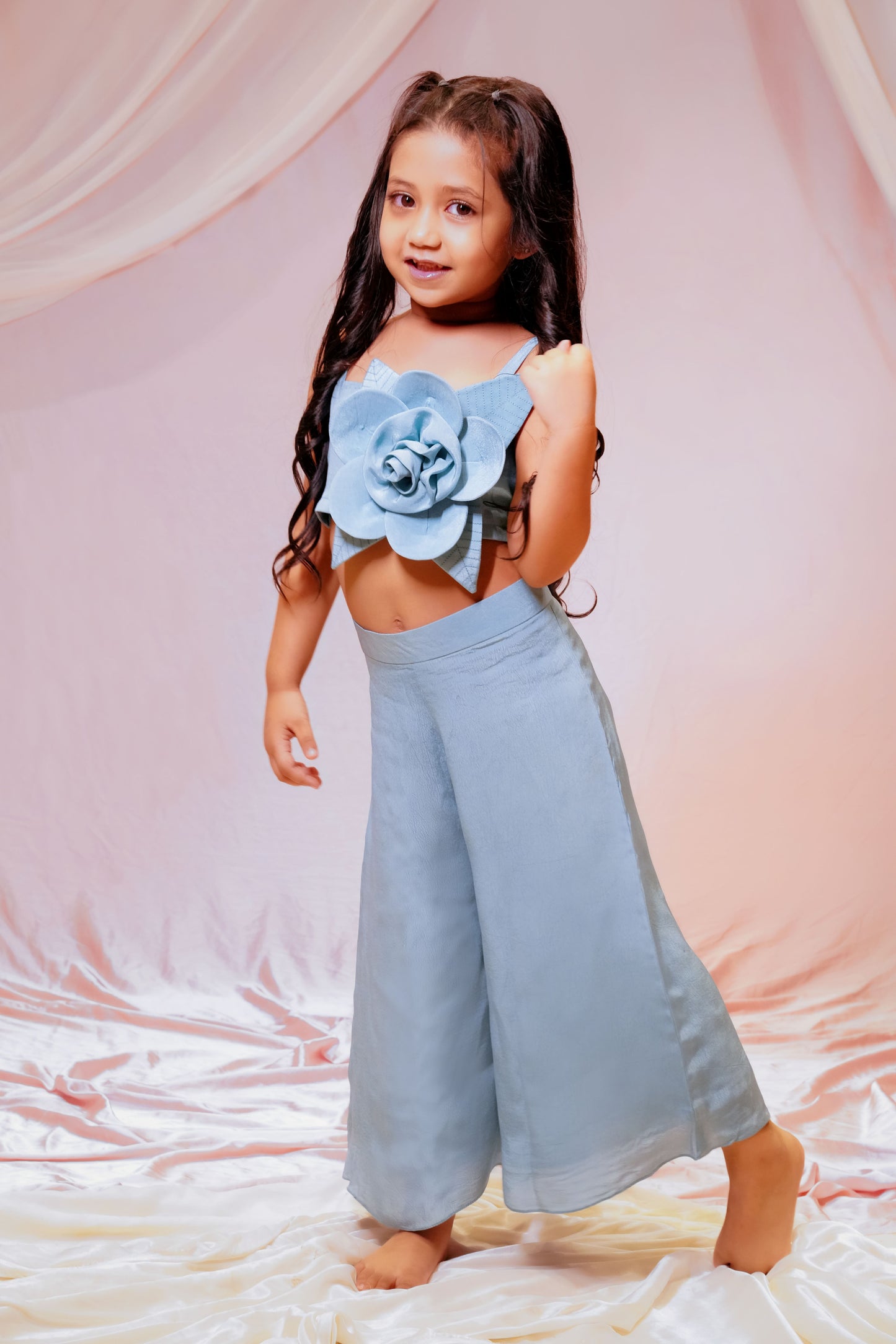 Beautiful Drape Skirt With Flower Embellished Crop Top For Kids