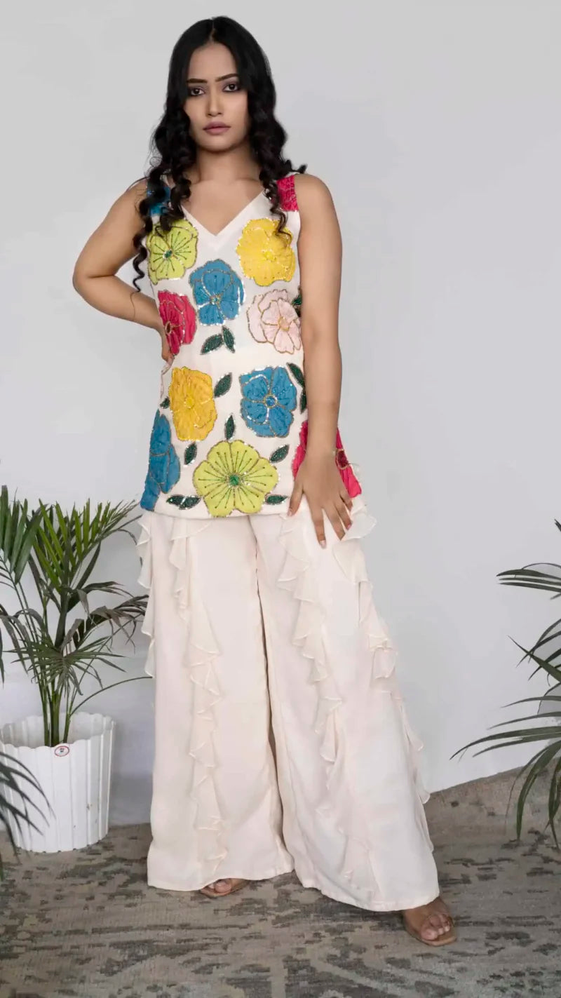 Applique Sleeveless Kurta with Ruffled Palazzo