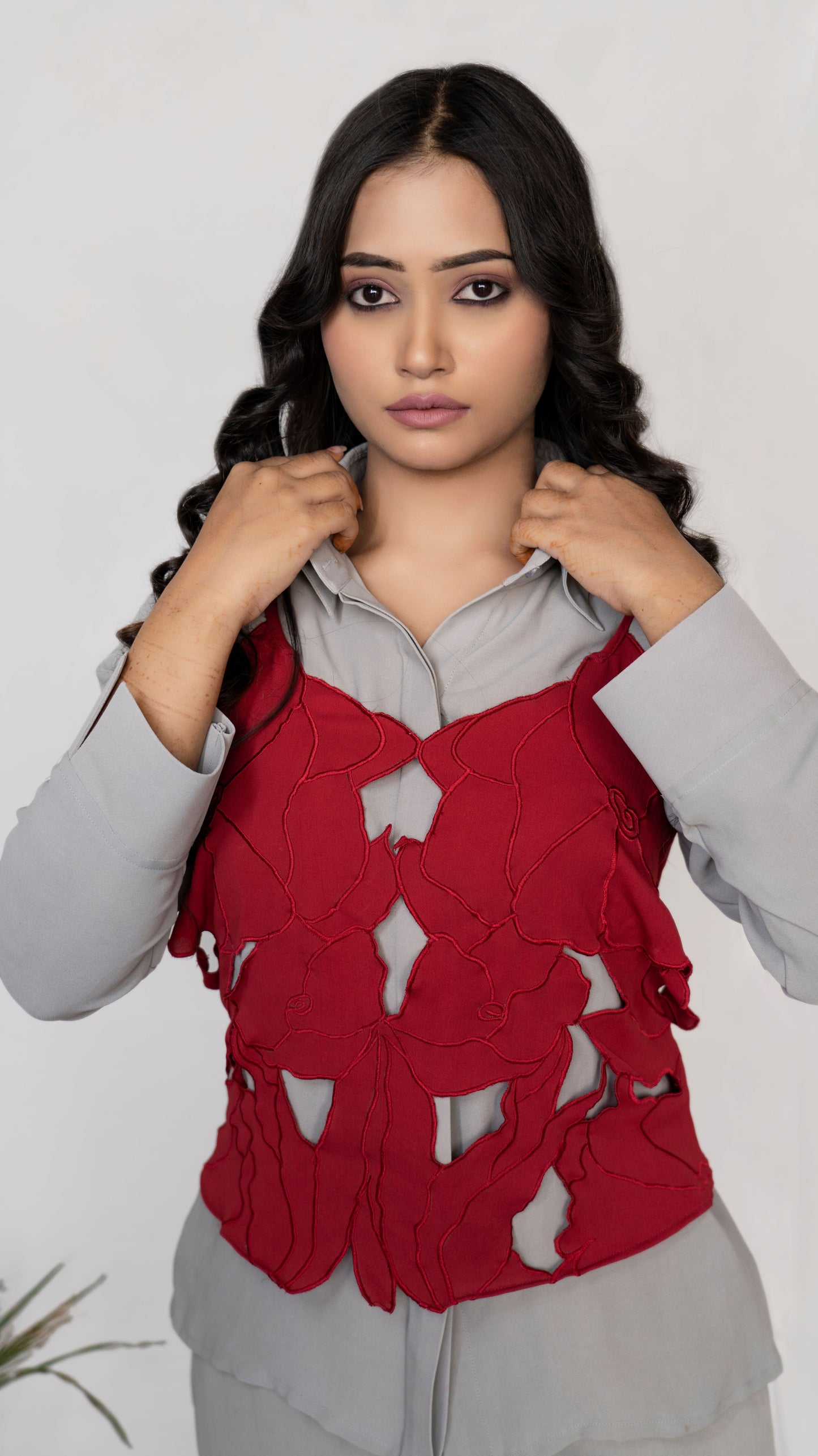 Grey shirt and pants with red cutwork