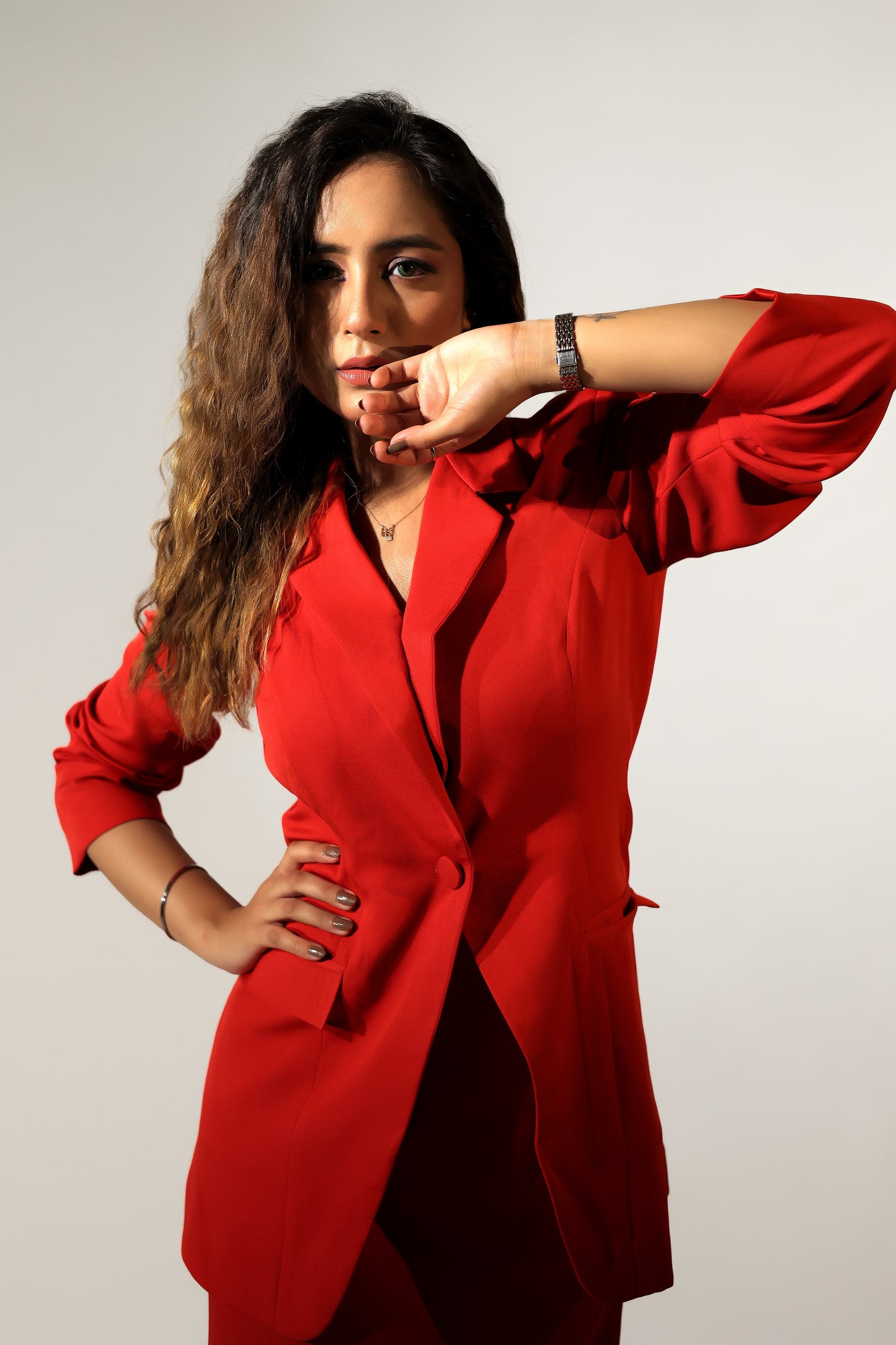 Oversized Blazer Paired with Front Slit Straight Skirt