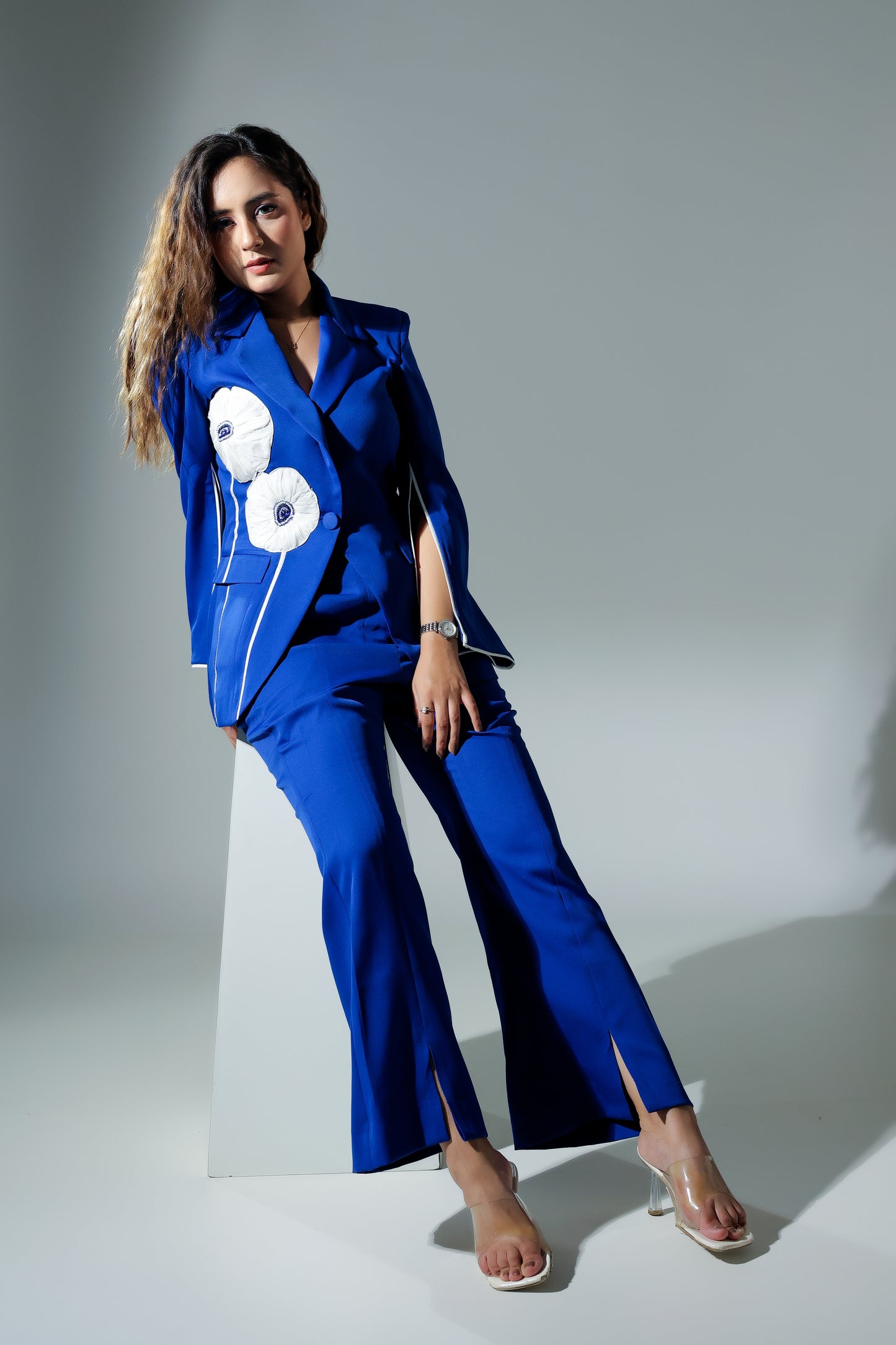 Classic Pant Suit with Floral detailing and Slit sleeves