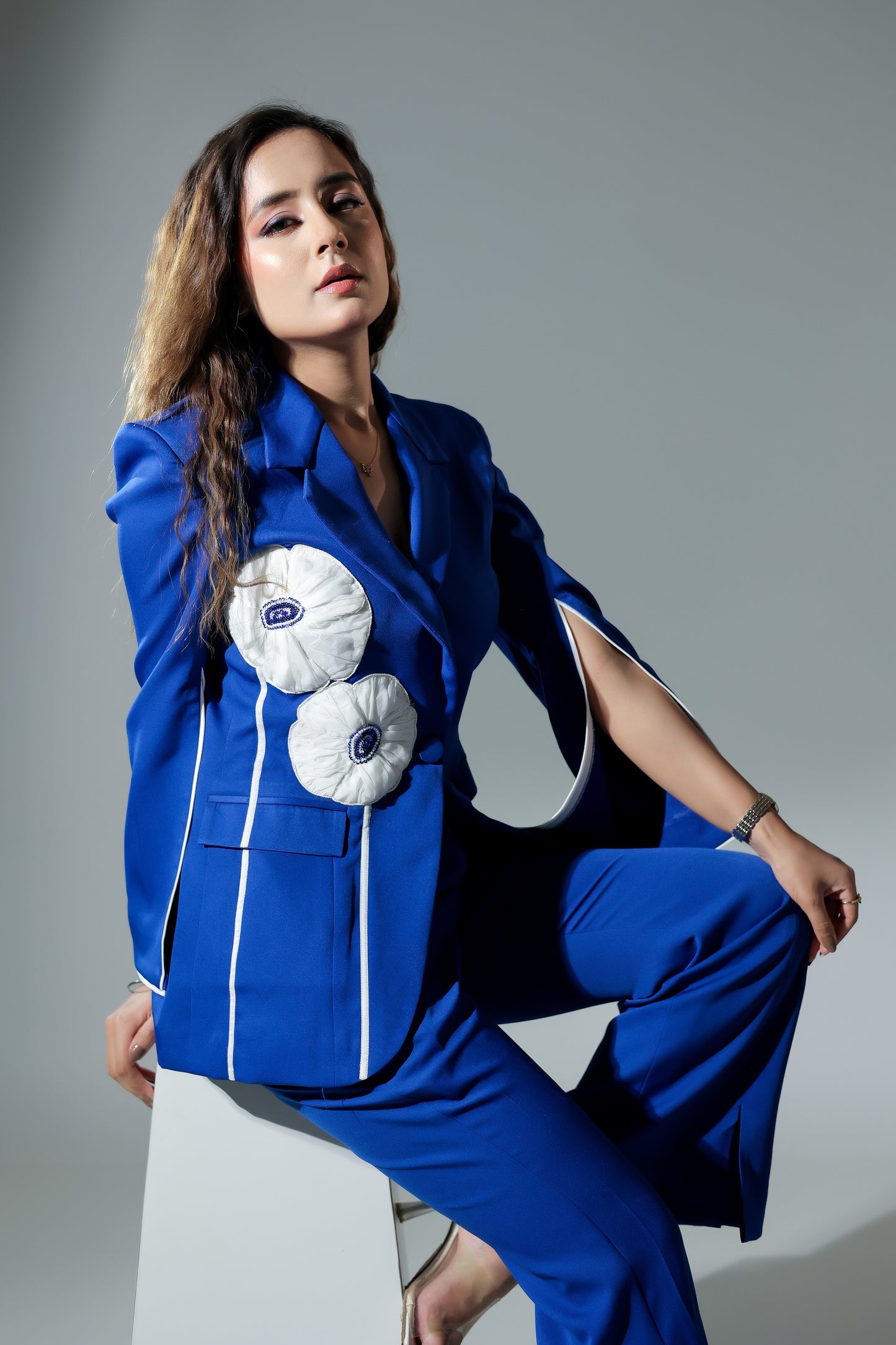 Classic Pant Suit with Floral detailing and Slit sleeves