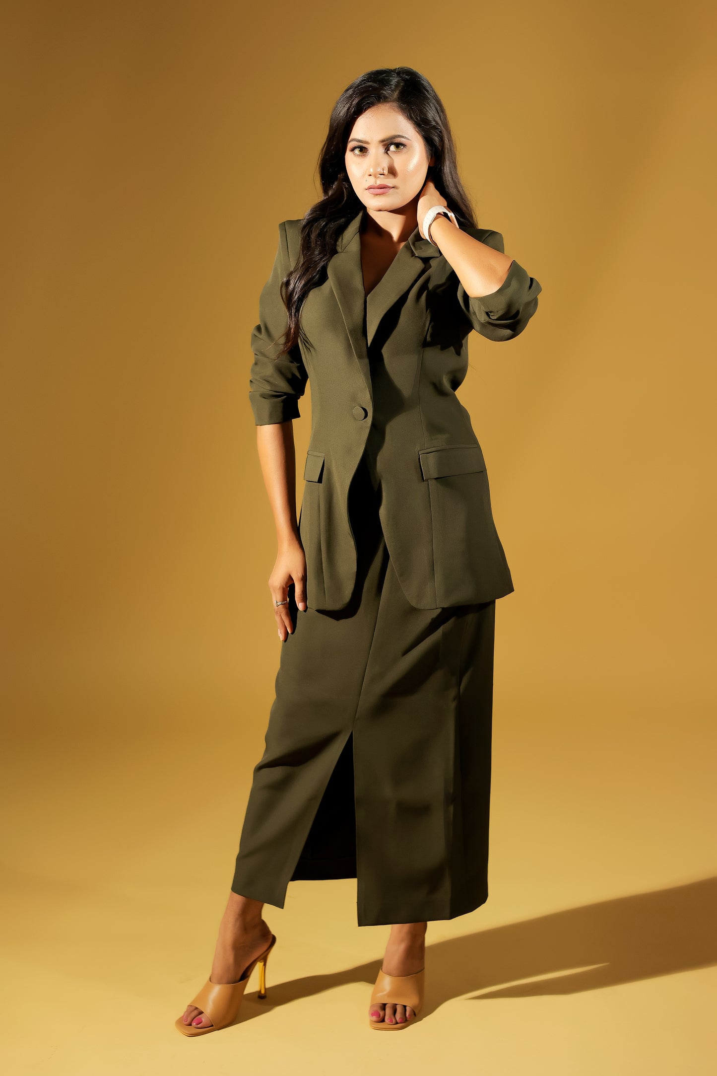 Oversized Blazer Paired with Front Slit Straight Skirt