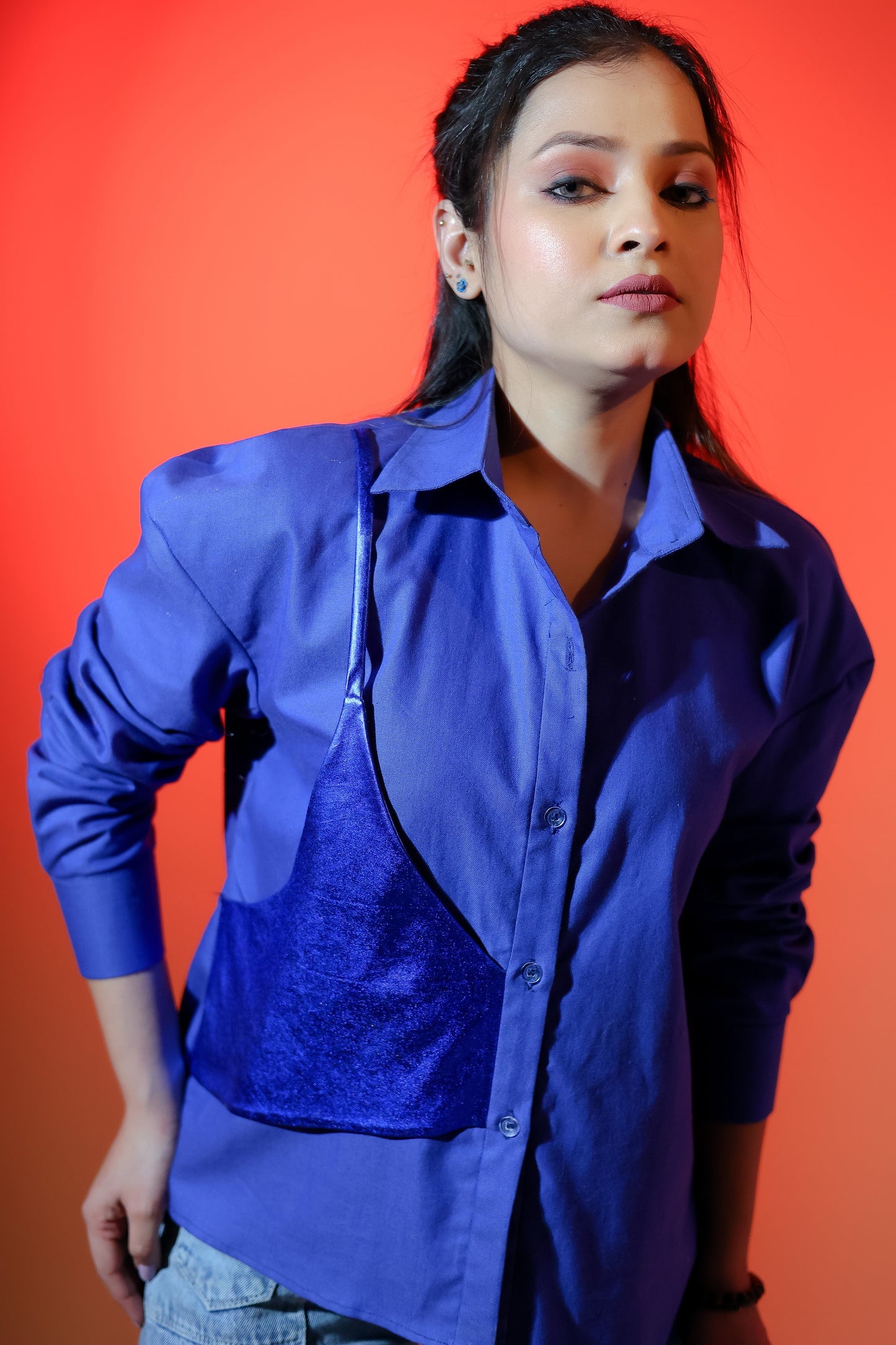 Blue shirt with metallic yoke