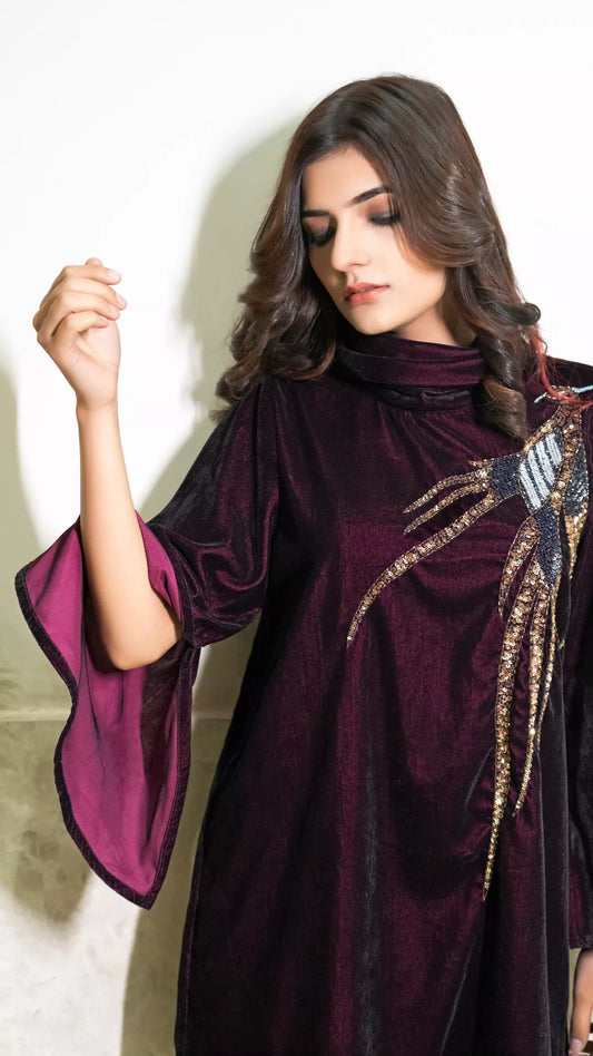 Hand Embellished Flared Sleeve Velvet Shirt