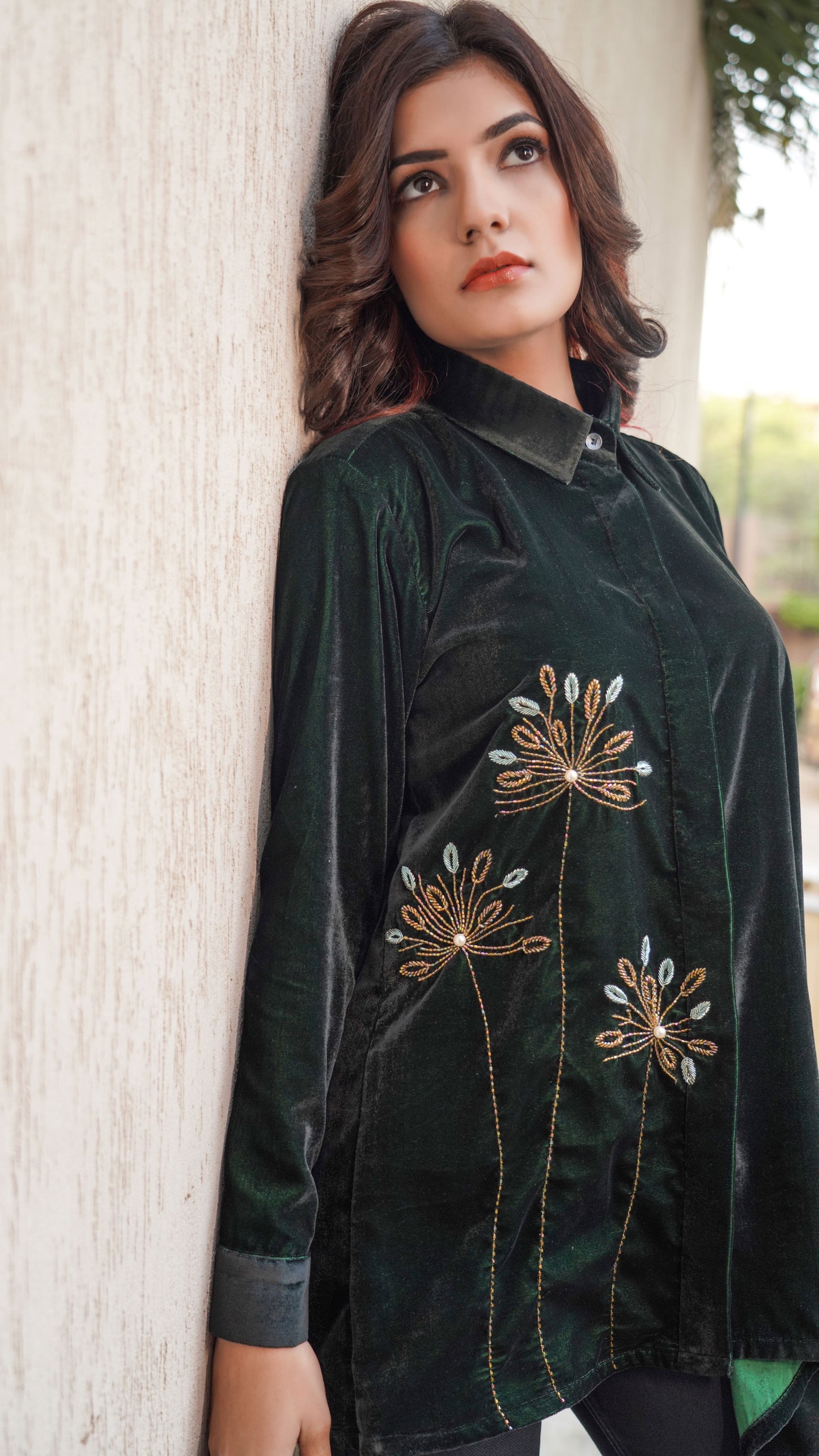 One Side Dropping Velvet Shirt