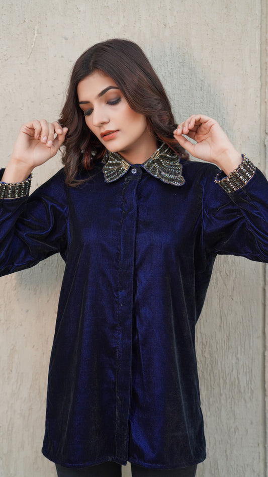 Embellished Collar And Cuff Velvet Shirt