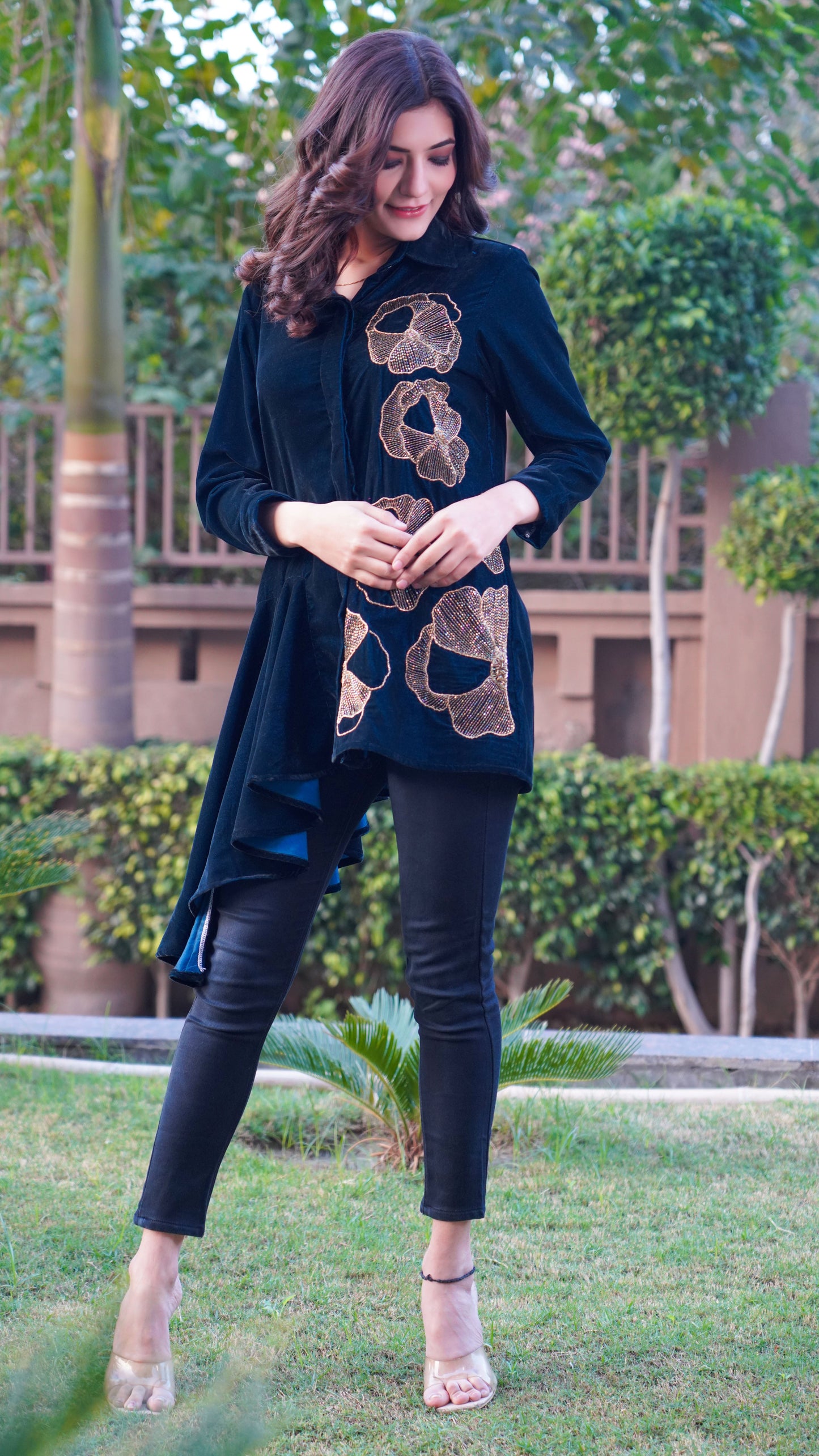 One Side Flare And Hand Embroidered Shirt