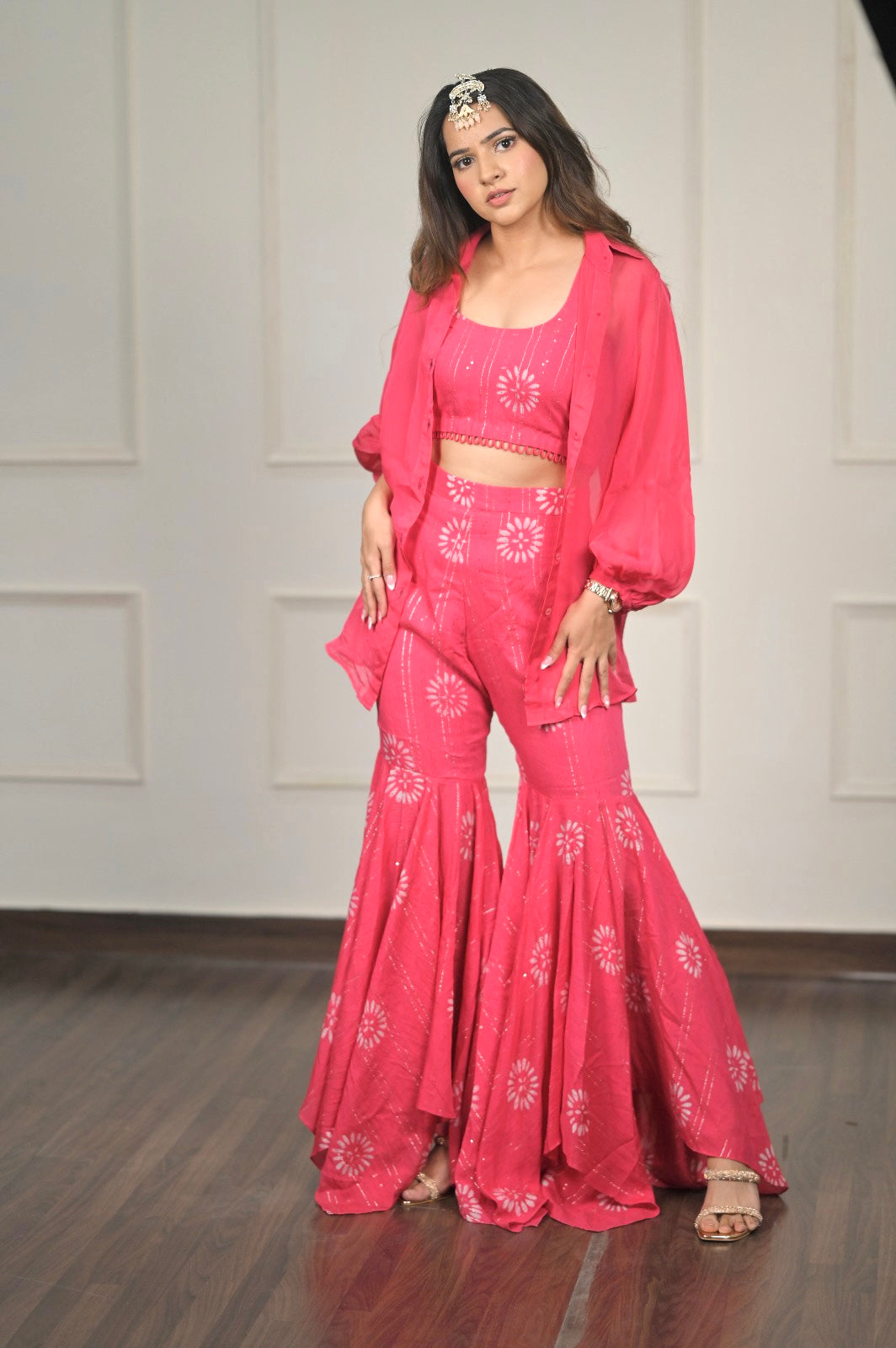 Three-piece magenta pink outfit with sharara and crop-top