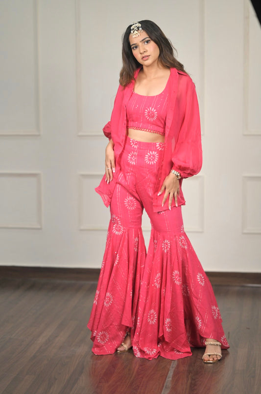 Three-piece magenta pink outfit with sharara and crop-top
